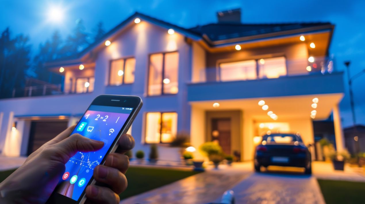 Eine Person steuert ein Smarthome mit dem Smartphone, während ein modernes Haus mit beleuchteten Fenstern und Dachfenstern im Hintergrund zu sehen ist – ideale Ergänzung zu Fliegengitter Dachfenstern.