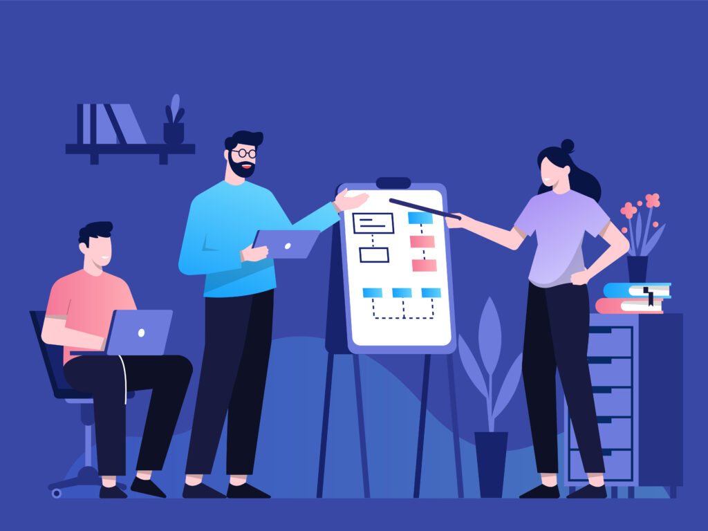 Illustration zeigt ein Team, das Psur Prozesse plant und Datenfluessen auf einem Whiteboard visualisiert, Symbol fuer strukturierte Arzneimittelsicherheit.